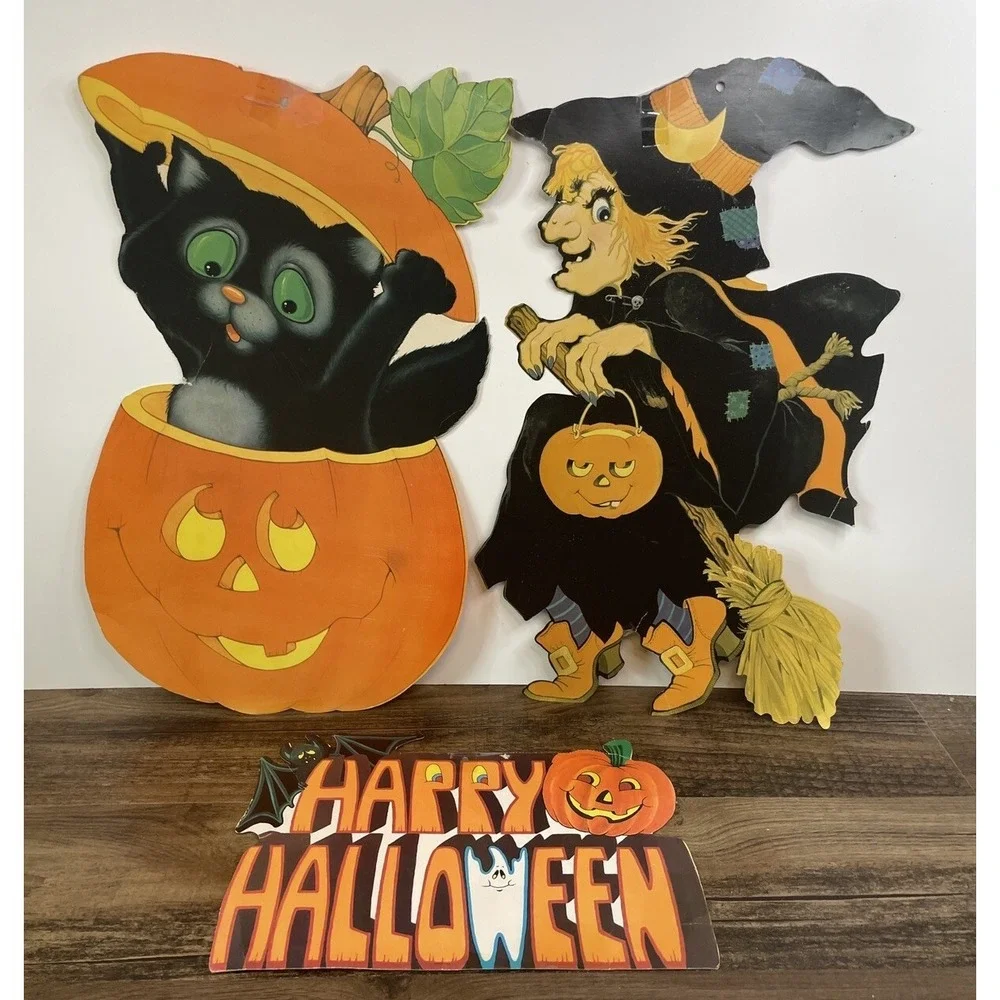 Lot Of 3 Vintage Halloween Die Cut Decorations Witch Cat Pumpkin Happy